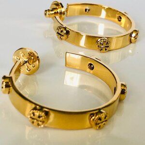 Auth NEW Tory Burch GOLD Milgrain Logo Hoop Earring w/ Tag & Dust Bag Rtl $148